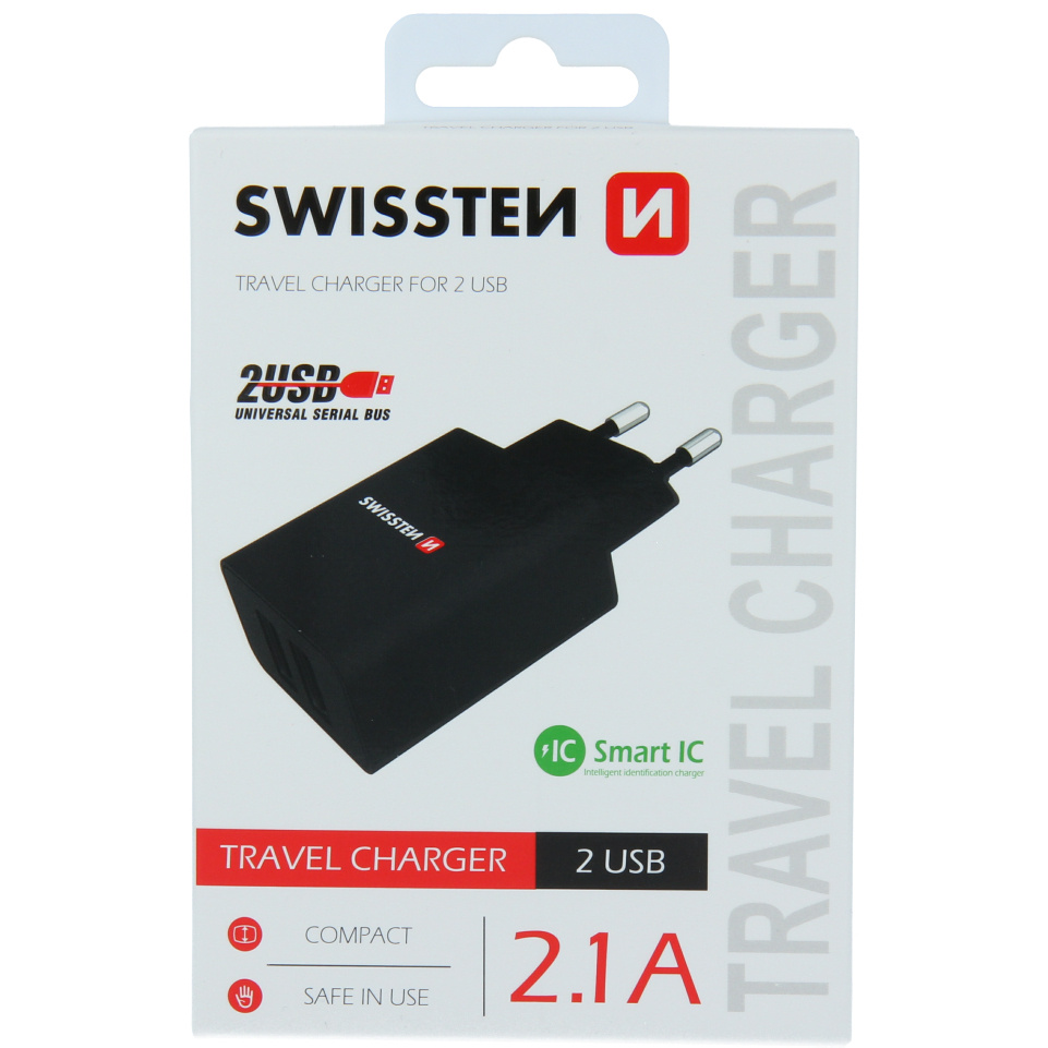 Adaptor de rețea SWISSTEN 2x USB, 10W, SMART IC – black 10W imagine noua tecomm.ro
