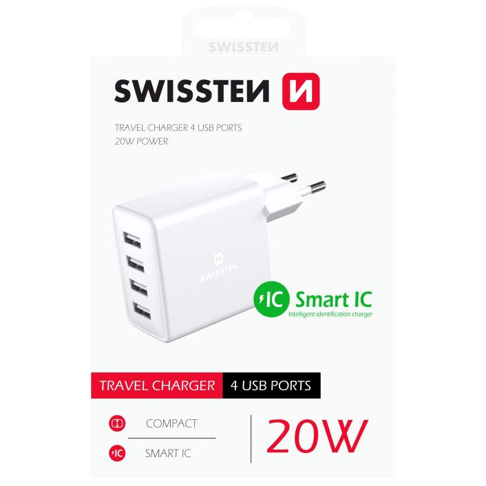 Adaptor de rețea SWISSTEN 4x USB, 20W, SMART IC – alb
